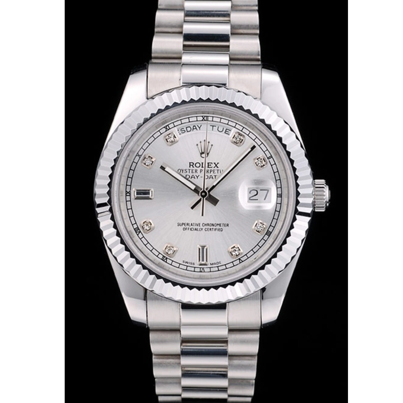 Aaa replica watch Bezel Ribbed DayDate Steel Dial Silver 41976 Rolex Stainless 0806